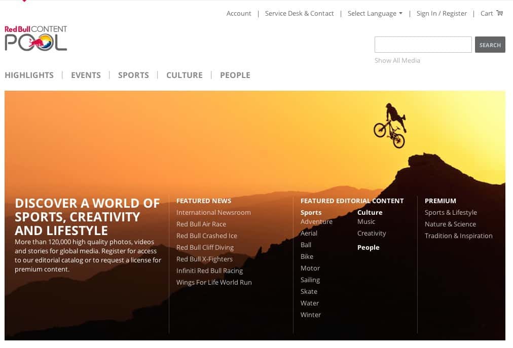 The Red Bull Content Pool where media companies can find free high quality photos created by Red Bull.