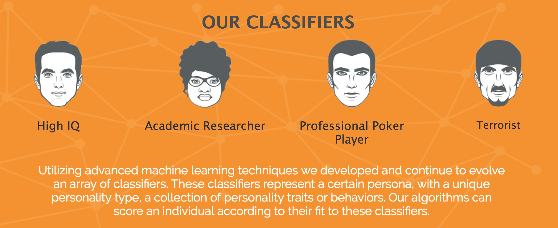 Faception claims to be able to recognize different types, including terrorists and pedophiles.