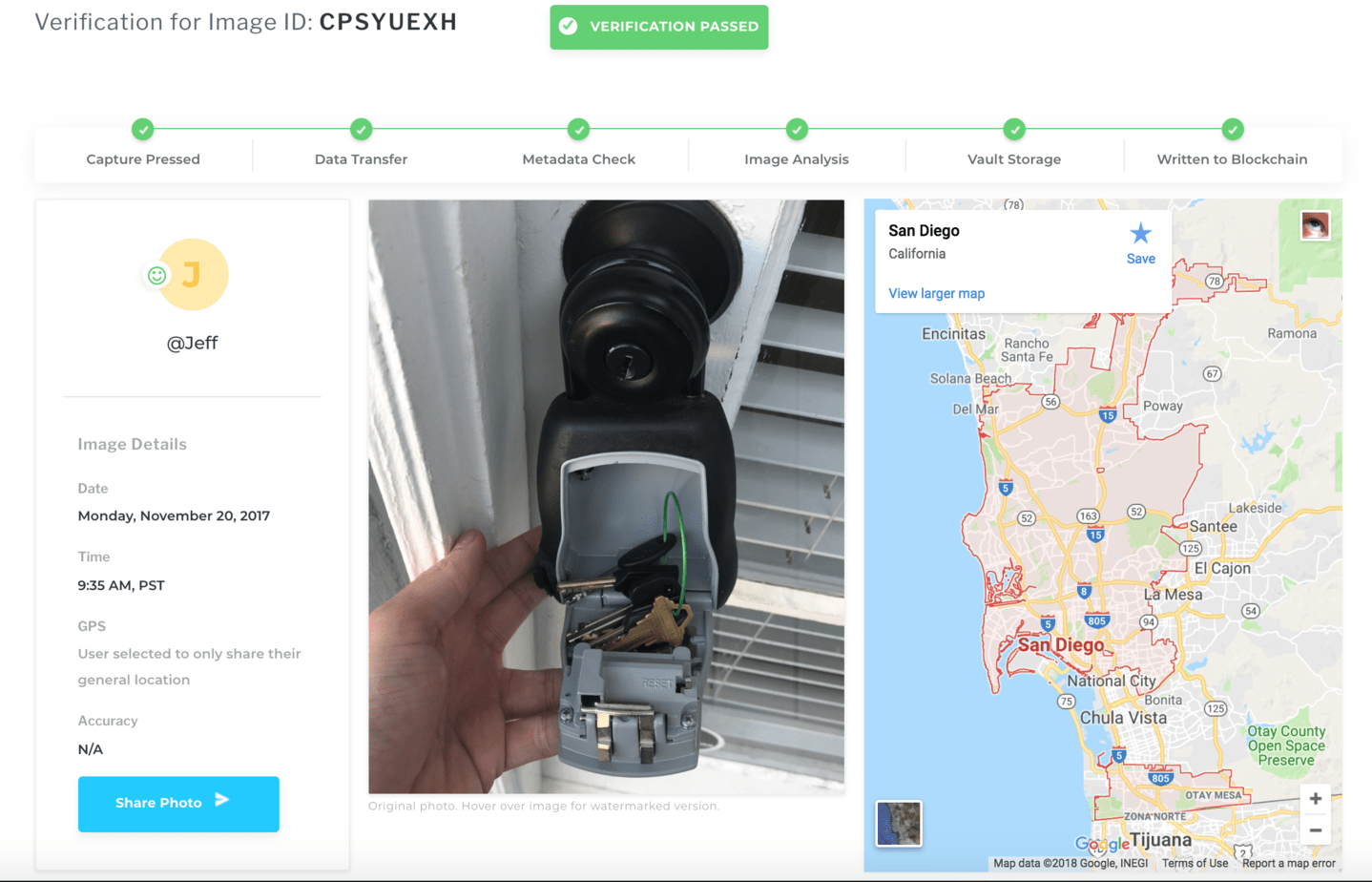 TruePic verification screen