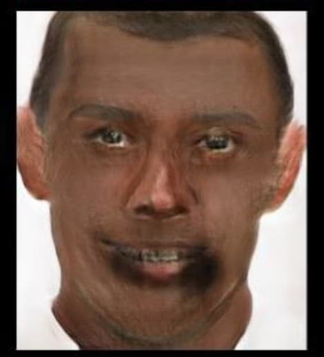 Generated human face with distorted features for artistic or experimental use.