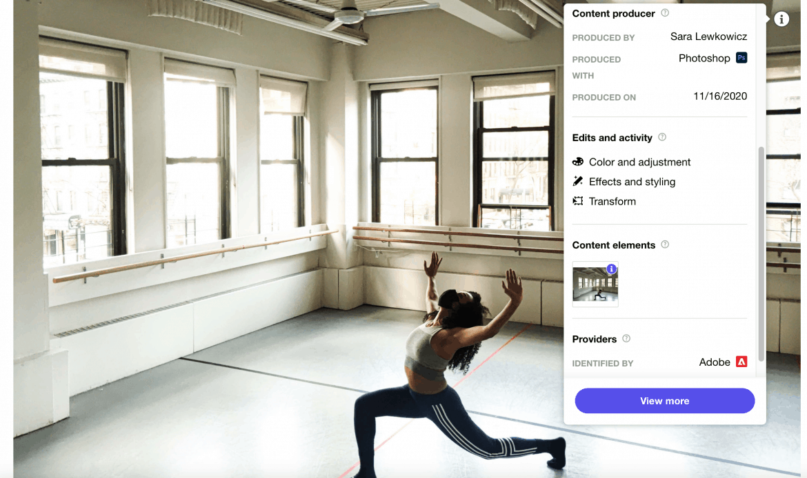 The first CAI-enabled images were taken by Sara Naomi Lewkowicz of Maresa D’Amore-Morrison in New York City on November 15.