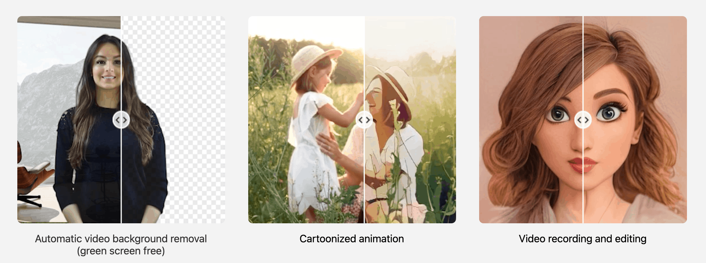  graphics showing Picup.Ai solution offerings like cartoon animation, video editing and background removal