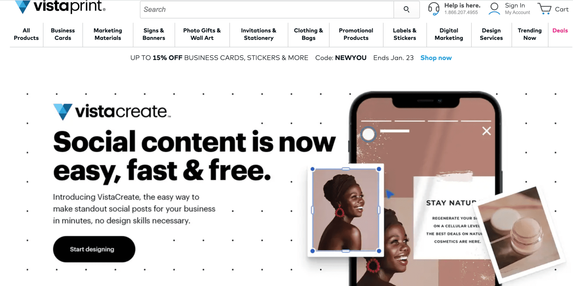 Screenshot of vistaprint home page