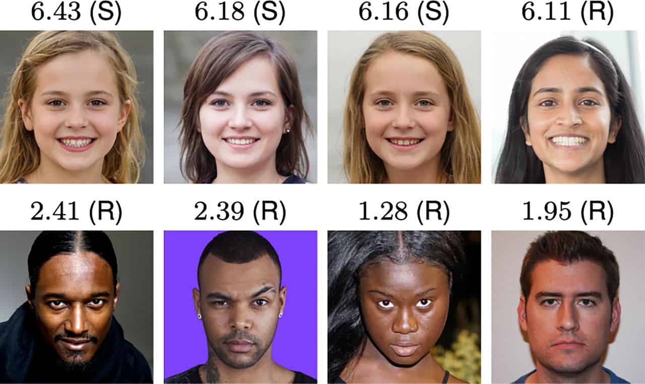 example of real and synthetic faces with their corresponding level of perceived trustiness 