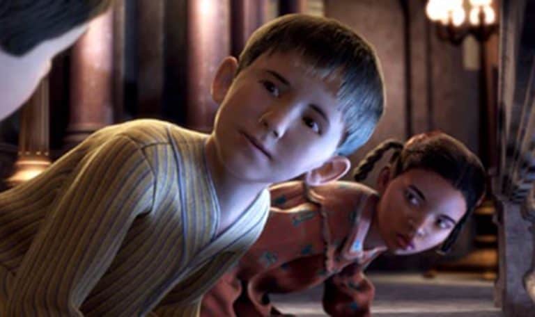 Young children engaging in a playful activity in a vintage-themed environment.