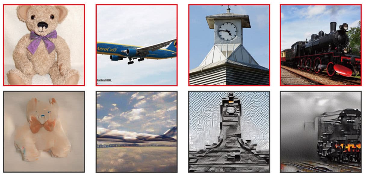 Artificial intelligence re-creations of images based on brain scans (bottom row) match the layout, perspective, and contents of the actual photos seen by study participants (top row).CREATIVE COMMONS