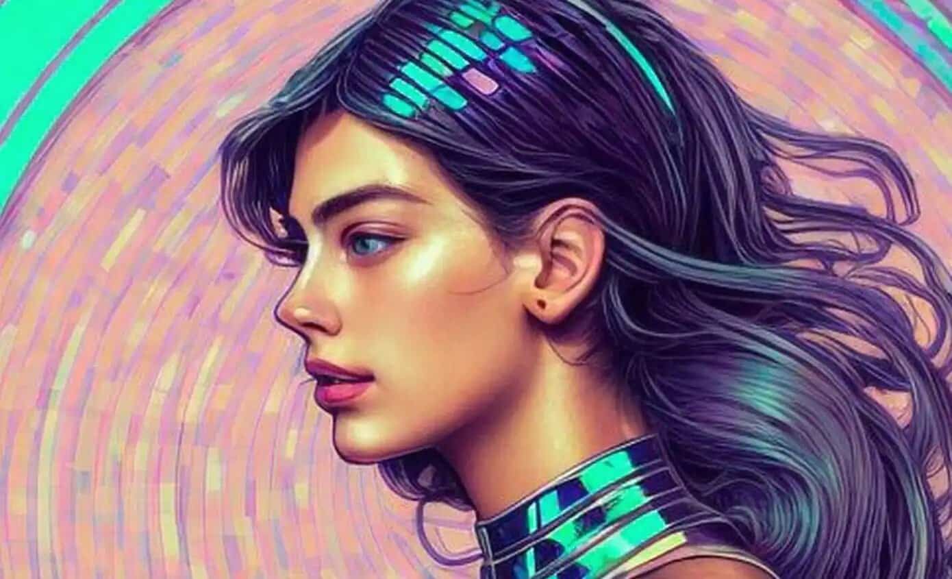 Futuristic digital portrait of a woman with vibrant holographic elements.