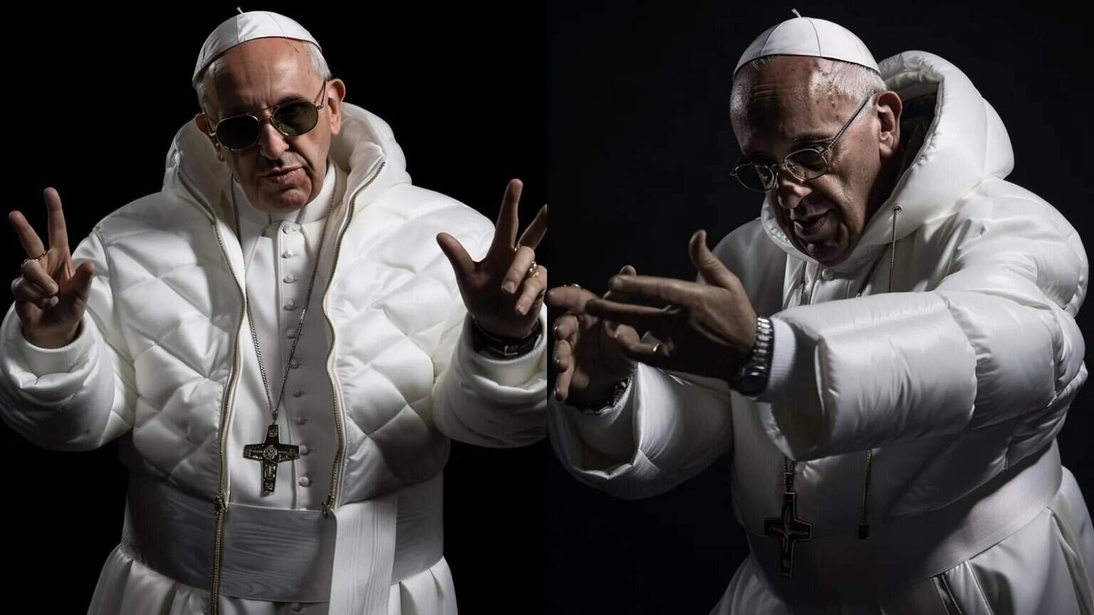 Pope Francis wearing white robes and glasses, making gestures against a dark background.