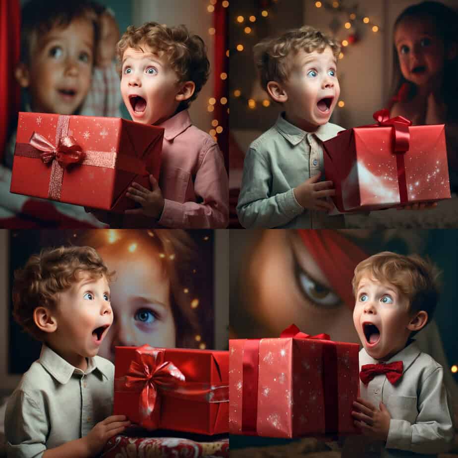 Computer generated images of a boy with a Xmas gift looking very real 