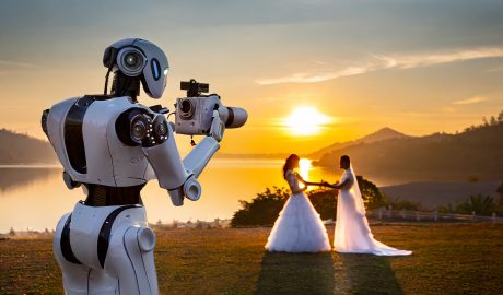 a robot taking a picture of a wedding couple at sunrise
