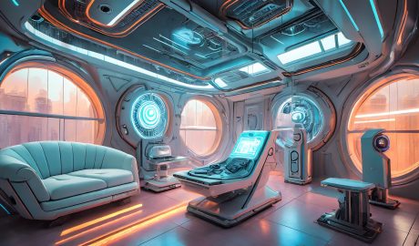 Advanced medical tech room with holographic displays and futuristic equipment.