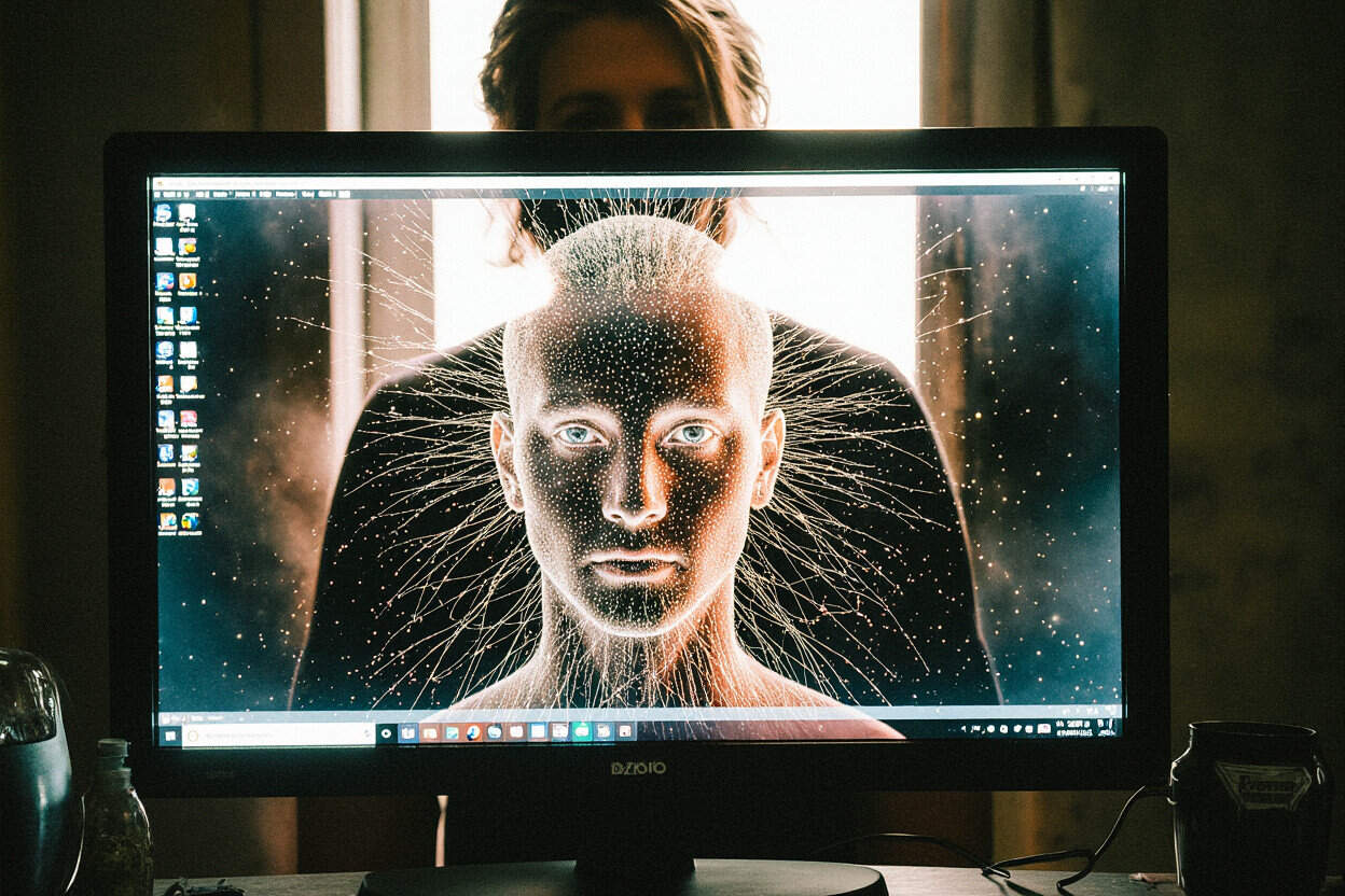 a shadow behind a computer screen describing what we see migh not be what is real and vice versa