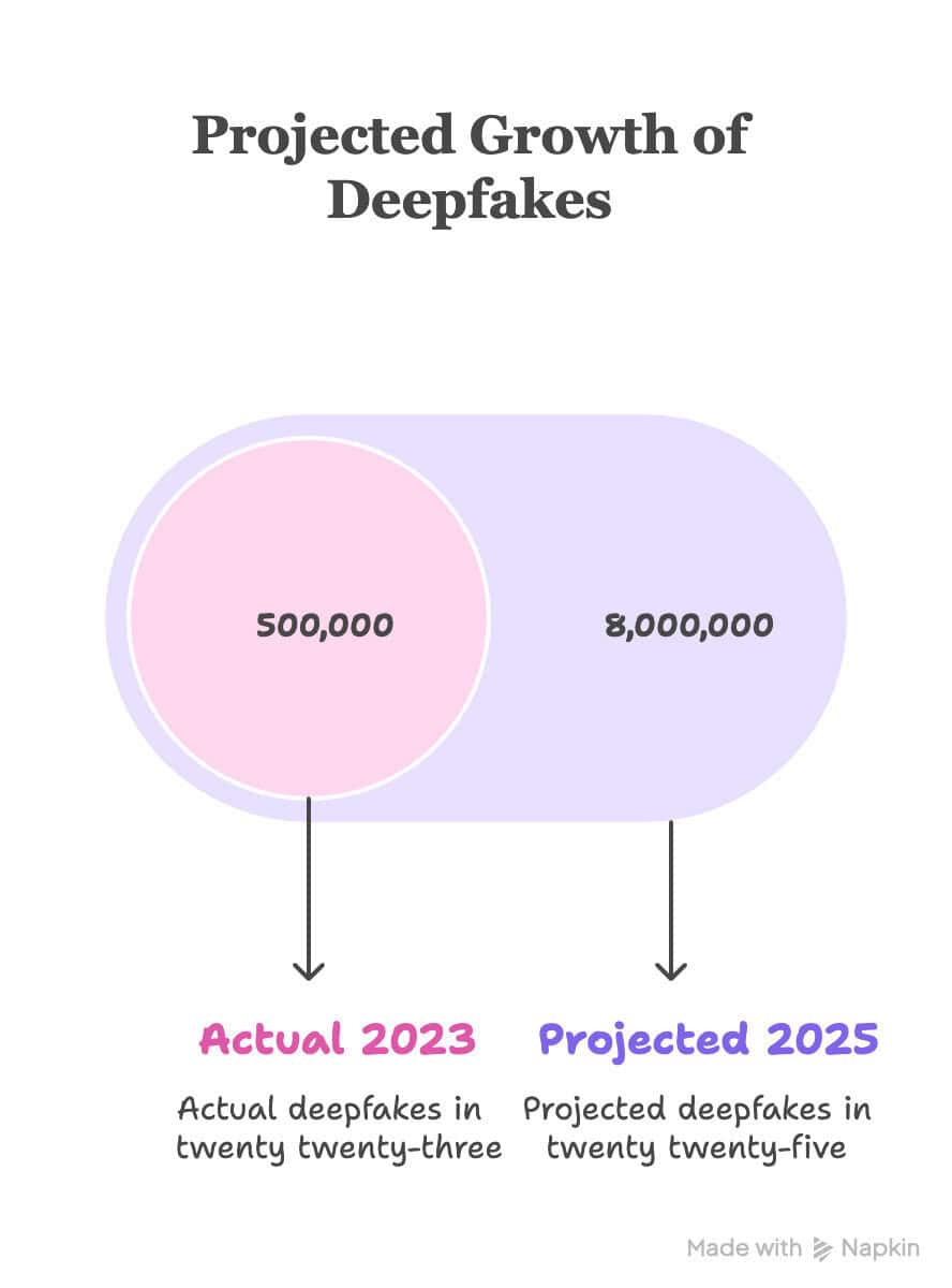 A graph showing the significant growth of deepfakes between 2023 and 2025, from 500,000 to 8 million