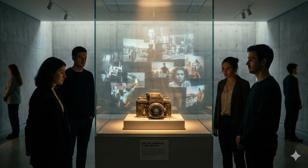 An abandoned camera lying in a museum display case, illuminated like an ancient relic. Around it, holographic images continually reshape themselves, refusing to stay fixed. Visitors stare at the relic with nostalgia, unsure what it once meant. Calm, atmospheric, high-concept minimalism.