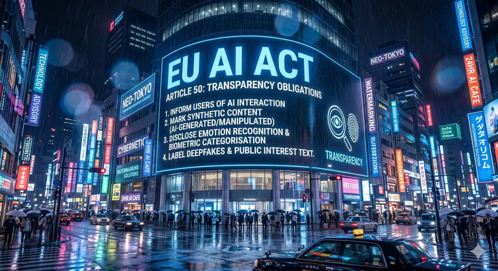 Bright digital billboard displaying EU AI Act in a busy city at night.