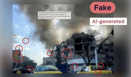 An image showing a building with multiple fire damage marks and smoke in the sky, indicating a recen.