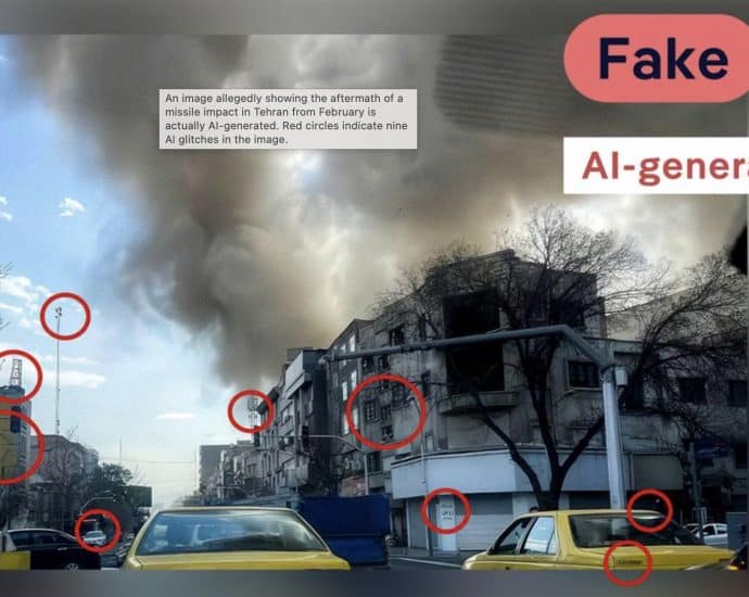 An image showing a building with multiple fire damage marks and smoke in the sky, indicating a recen.
