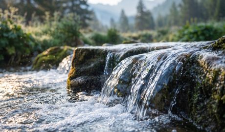 Clear mountain stream flowing over mossy rocks in a lush forest setting.