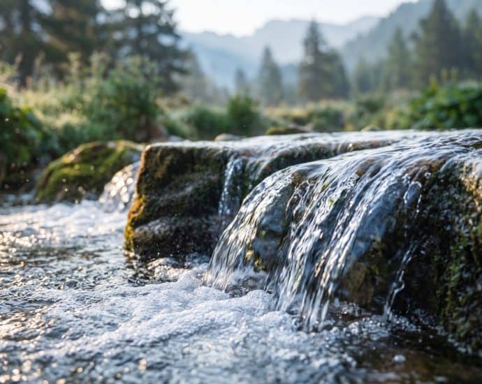 Clear mountain stream flowing over mossy rocks in a lush forest setting.