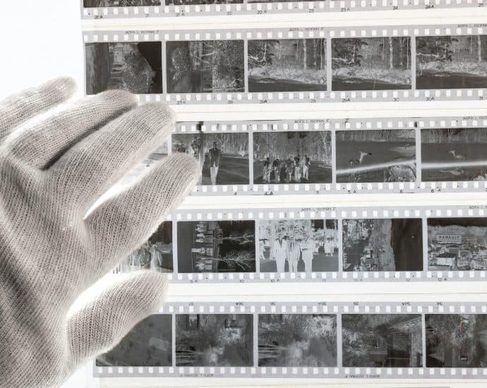 Person examining photographic negatives for provenance verification.