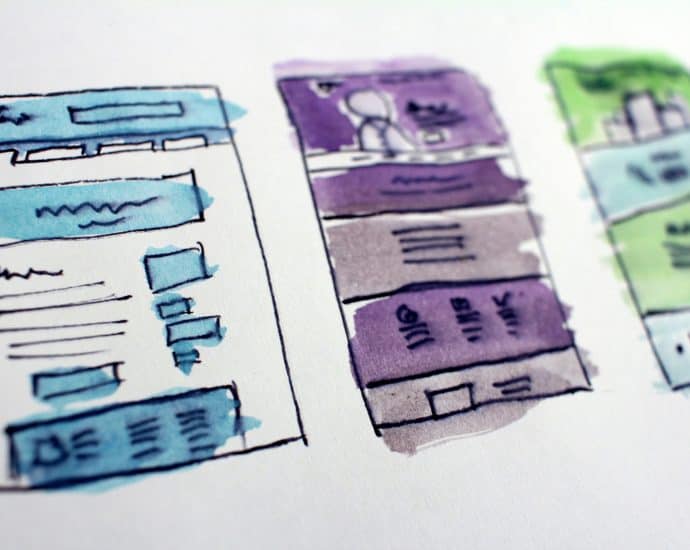 Colorful sketches of website wireframes for design exploration.